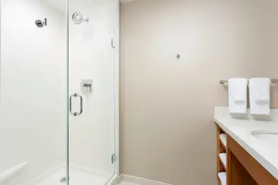 a bathroom with a shower and a sink at SpringHill Suites by Marriott San Diego Mission Valley in San Diego