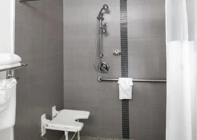 a bathroom with a shower with a toilet and a sink at Scandia Motel in Carlsbad