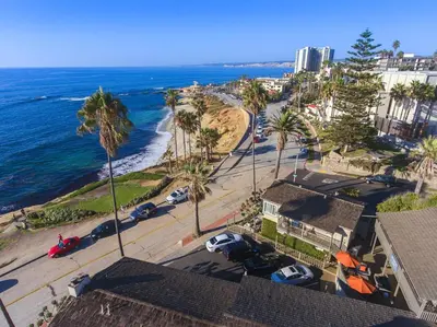 an aerial view of a beach with palm trees and the ocean at Scripps Inn in San Diego