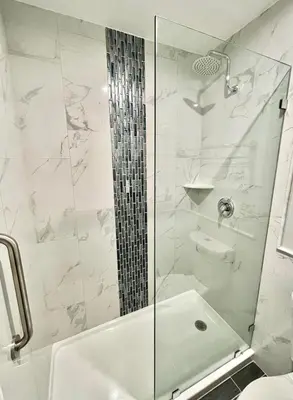 a bathroom with a shower and a white tub at Villa Serena in El Cajon