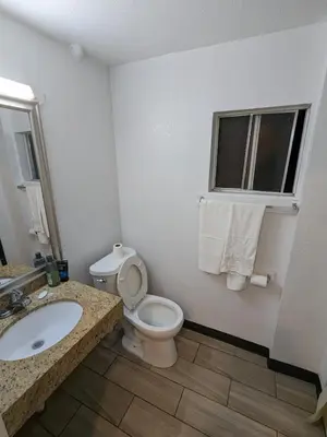 a bathroom with a toilet and a sink and a window at Ace Budget Motel in San Diego