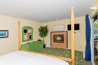 a bedroom with a bed and a fireplace at Rooftop Deck Spectacular Ocean View M-A in Oceanside