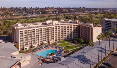 an aerial view of a hotel with a swimming pool at Crowne Plaza San Diego - Mission Valley by IHG in San Diego