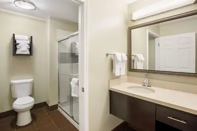 a bathroom with a toilet and a sink and a mirror at Sonesta ES Suites San Diego - Rancho Bernardo in Rancho Bernardo