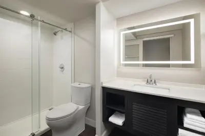 a bathroom with a toilet and a sink and a mirror at The DEXTRO Little Italy, BW Premier Collection in San Diego