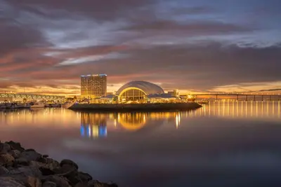 a view of a large building on a body of water at Hilton San Diego Bayfront in San Diego