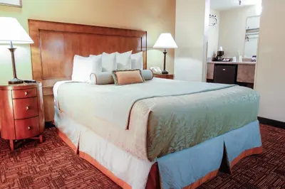 a bedroom with a large bed with a wooden headboard at Heritage Inn La Mesa in La Mesa