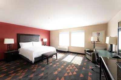 a large hotel room with a bed and two windows at Holiday Inn Oceanside Marina Camp Pendleton by IHG in Oceanside