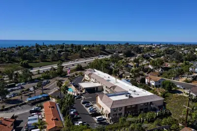 an aerial view of a town with a road and buildings at Hampton by Hilton Encinitas-Cardiff Encinitas, CA near Del Mar in Encinitas