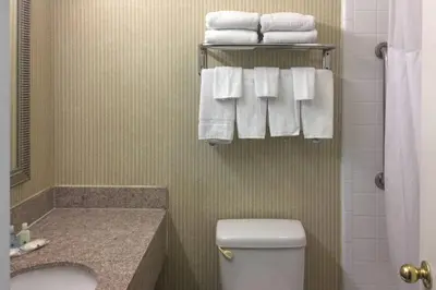 a bathroom with a toilet and a sink and towels at Quality Inn & Suites Oceanside Near Camp Pendleton in Oceanside