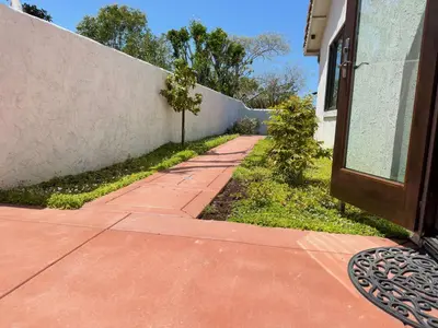 a sidewalk next to a wall with a tree on it at Kate Stanton Inn in Encinitas