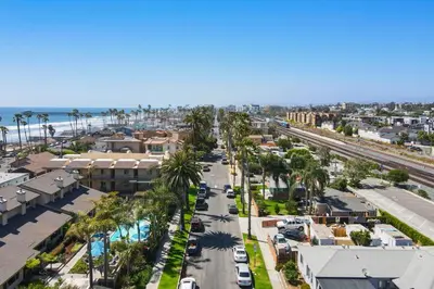 an aerial view of a city street with palm trees at Oceanside Rocks Family Vacation Home in Oceanside