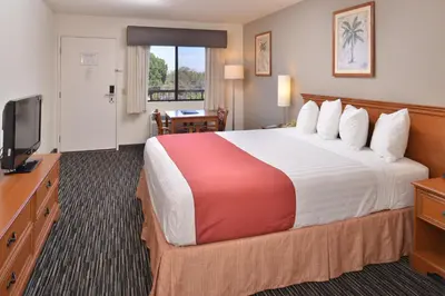 a hotel room with a large bed and a television at Pleasant Inn in San Diego