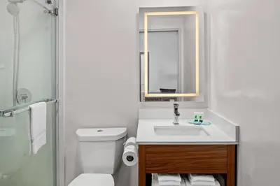 a white bathroom with a sink and a mirror at Brisa Pacific Hotel Encinitas in Encinitas