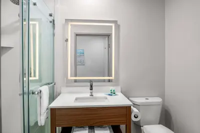 a bathroom with a sink and a toilet and a mirror at Brisa Pacific Hotel Encinitas in Encinitas