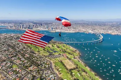 a person flying a parachute with an american flag at Glorietta Bay Inn in San Diego