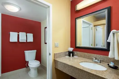 a bathroom with a toilet and a sink and a mirror at Courtyard by Marriott San Diego Sorrento Valley in Sorrento
