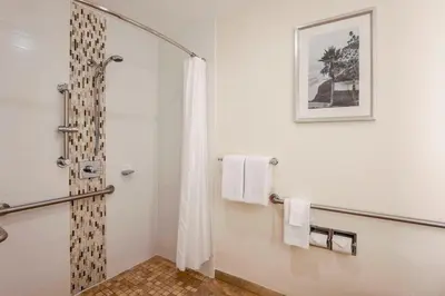 a bathroom with a shower with a shower curtain at Courtyard by Marriott San Diego Del Mar/Solana Beach in Solana Beach