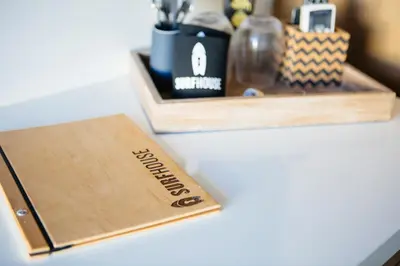a wooden box sitting on top of a counter at Surfhouse in Encinitas