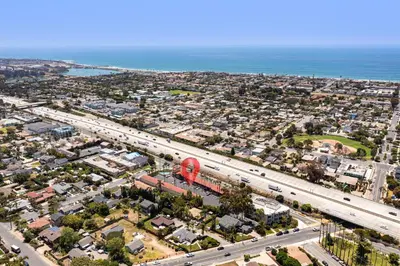 an aerial view of a city with a red balloon at Hyland Inn near Legoland in Carlsbad
