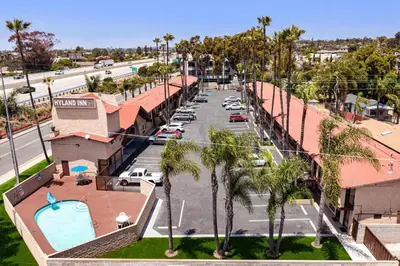 an aerial view of a street with palm trees at Hyland Inn near Legoland in Carlsbad