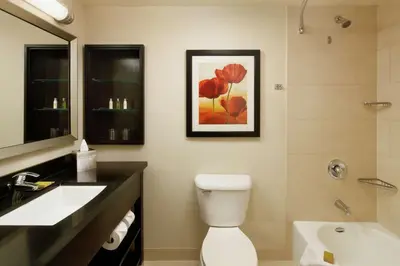 a bathroom with a toilet and a sink and a mirror at DoubleTree By Hilton San Diego Hotel Circle in San Diego
