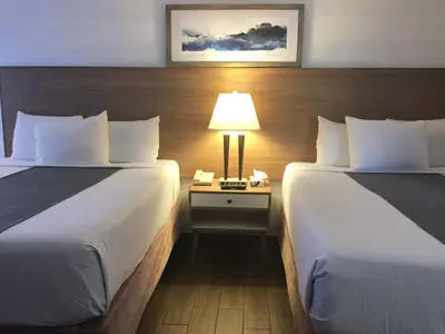 a hotel room with two beds and a table with a lamp at Downtown San Diego Lodge in San Diego
