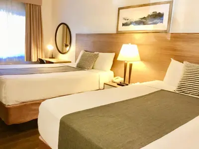 a hotel room with two beds and a mirror at Downtown San Diego Lodge in San Diego