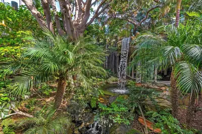 a garden with palm trees and a waterfall at Condo in Beachfront Resort B-212 in Oceanside