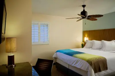 a bedroom with a bed and a ceiling fan at PB Surf Beachside Inn in San Diego