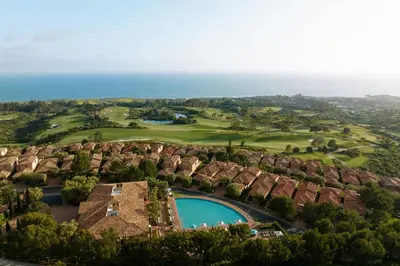 an aerial view of a residential estate with a pool at The Resort at Pelican Hill in Crystal Cove