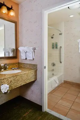 a bathroom with a sink and a tub and a shower at Lamplighter Inn & Suites at SDSU in San Diego