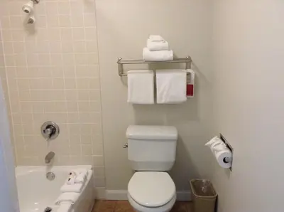 a bathroom with a toilet and a bath tub with towels at Ramada by Wyndham Oceanside in Oceanside