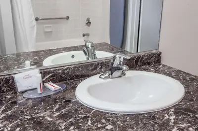 a bathroom counter with a sink and a mirror at Ramada by Wyndham Oceanside in Oceanside