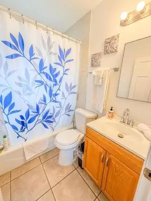 a bathroom with a toilet and a sink and a shower curtain at 3bd Little Italy Cottage A++ Location in San Diego