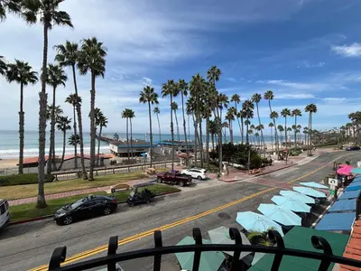 a street with palm trees and cars on a road at Casa Tropicana in San Clemente