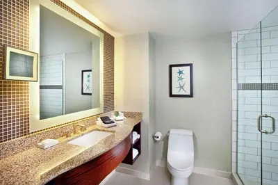 a bathroom with a toilet and a sink and a mirror at Cape Rey Carlsbad Beach, A Hilton Resort & Spa in Carlsbad