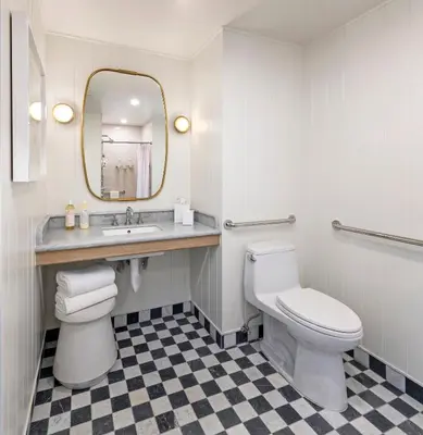 a bathroom with a toilet and a sink and a mirror at Bay Shores Peninsula Hotel in Newport Beach