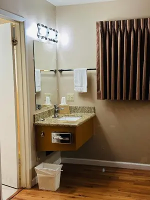 a bathroom with a sink and a mirror at Franciscan Inn Motel in Vista