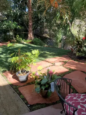 a patio with plants and a table and a chair at Casa Tranquility in San Diego