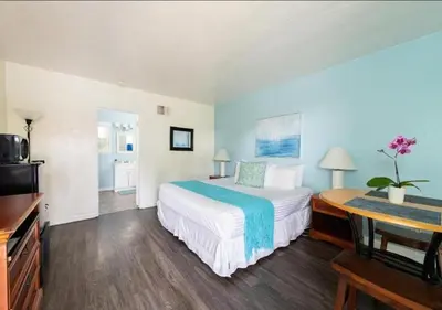 a hotel room with a bed and a desk at The Patriots Boutique Motel in San Clemente