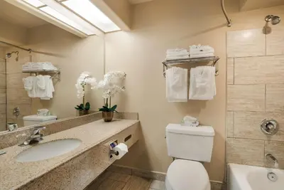 a bathroom with a toilet and a sink and a mirror at Best Western Escondido Hotel in Escondido