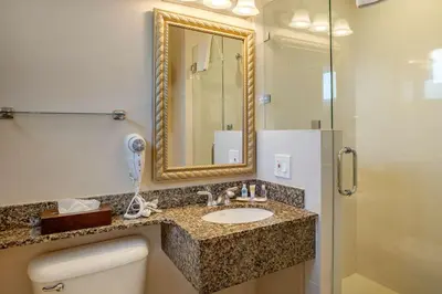 a bathroom with a sink and a mirror and a shower at Comfort Inn San Diego Airport At The Harbor in San Diego