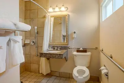 a bathroom with a toilet and a sink and a mirror at Comfort Inn San Diego Airport At The Harbor in San Diego