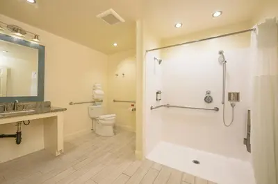 a bathroom with a shower and a toilet and a sink at Ocean Palms Beach Resort in Carlsbad