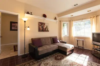 a living room with a couch and a television at Castlegate Guest Apartment in Vista