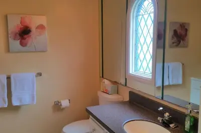 a bathroom with a sink and a toilet and a mirror at Castlegate Guest Apartment in Vista