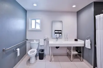 a bathroom with a white toilet and a sink at Rodeway Inn San Clemente in San Clemente