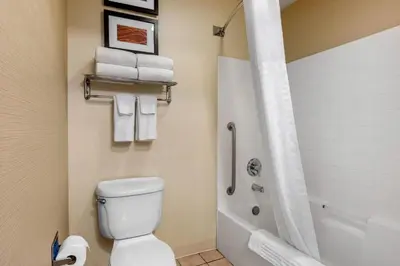 a bathroom with a toilet and a shower with towels at Comfort Inn & Suites Murrieta Temecula Wine Country in Murrieta