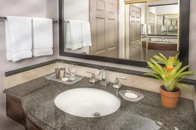 a bathroom with a sink and a large mirror at Ayres Hotel Laguna Woods - Aliso Viejo in Laguna Woods